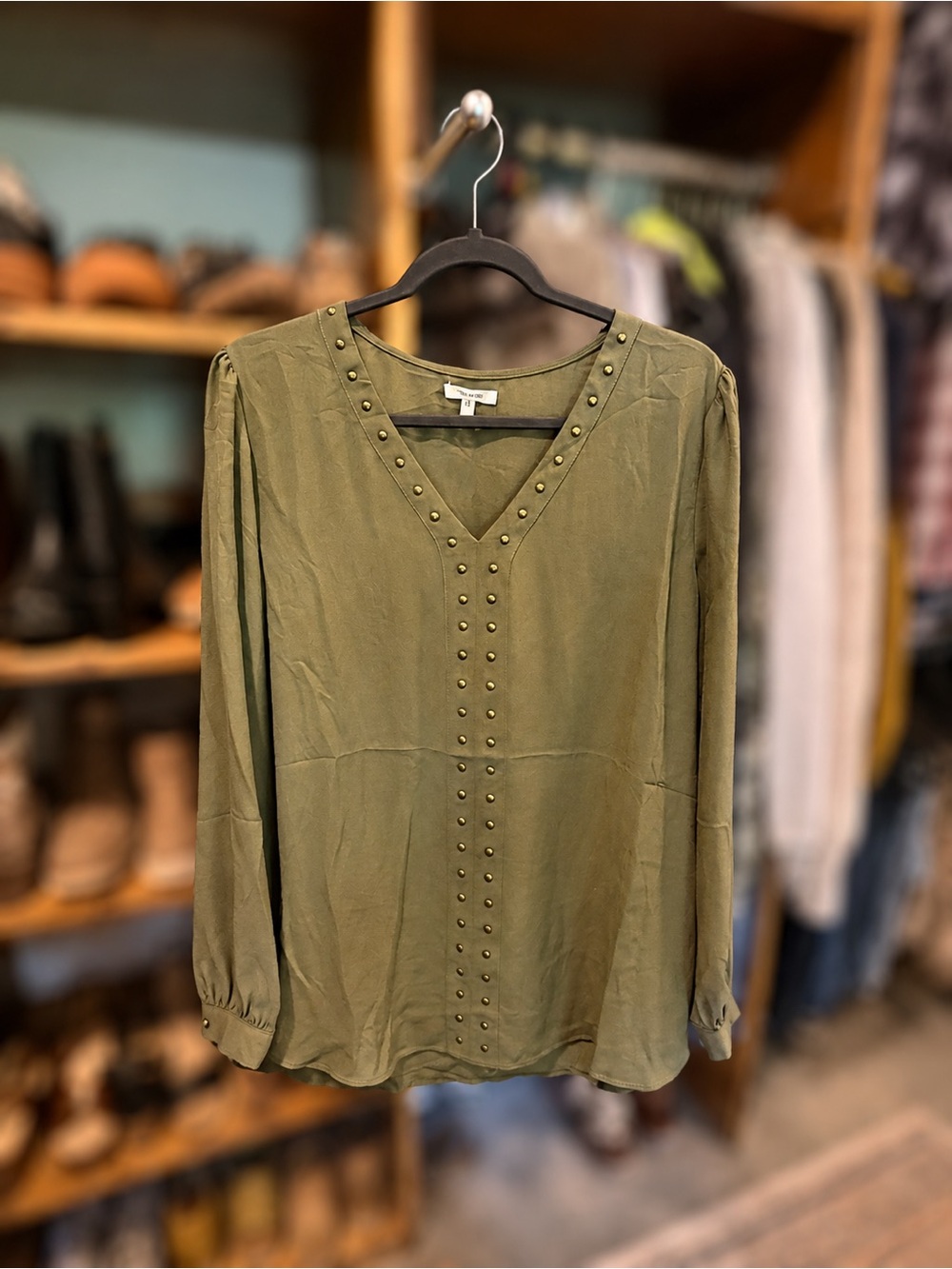 Maurices Olive Green Studded V-Neck Blouse
